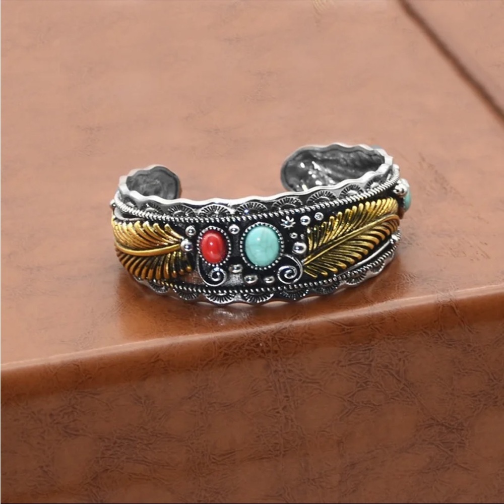 Womens Two Tone Vintage Style Slip on Boho Bracelet with stone accents - Picture 4 of 5